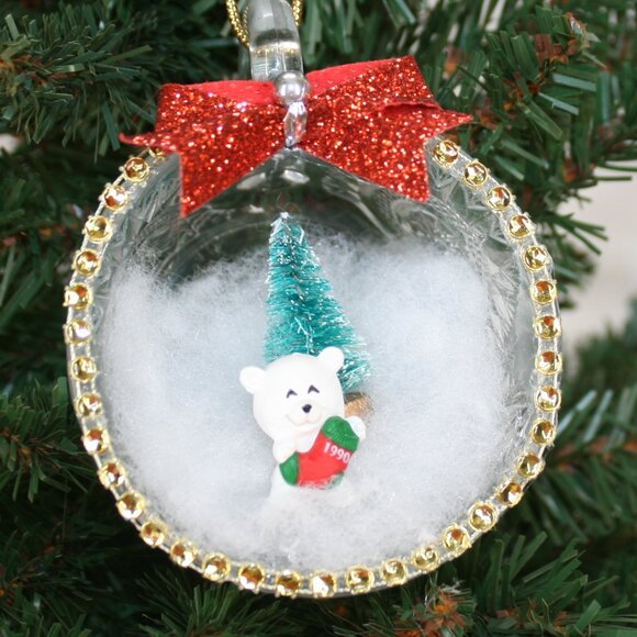 HAND CRAFTED Christmas Ornament Upcyled Teacup Bear Winter Scene Red - Picture 1 of 9